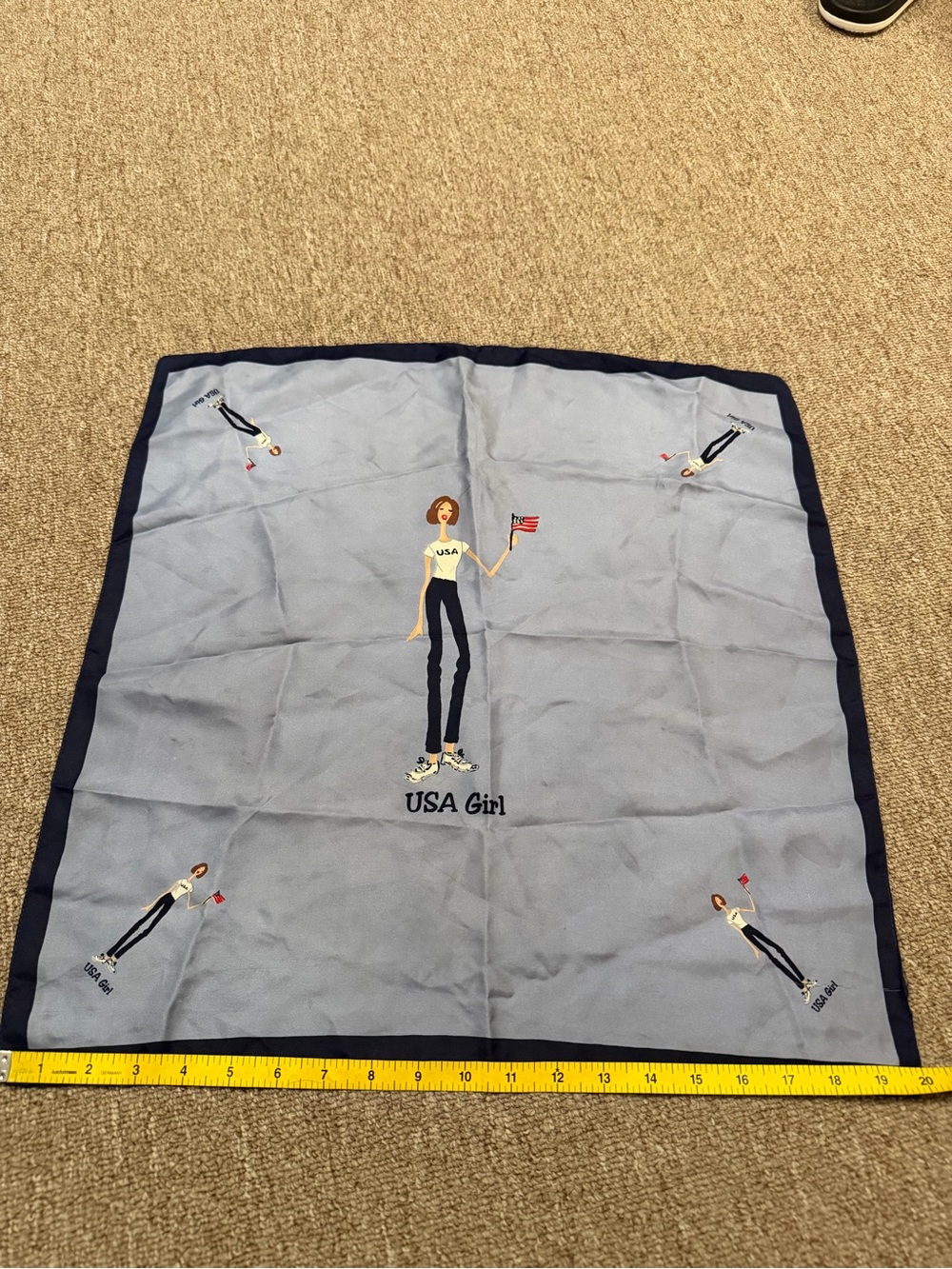 Helen Welsh USA Girl Graphic Square Scarf - Light Blue & Navy patriotic